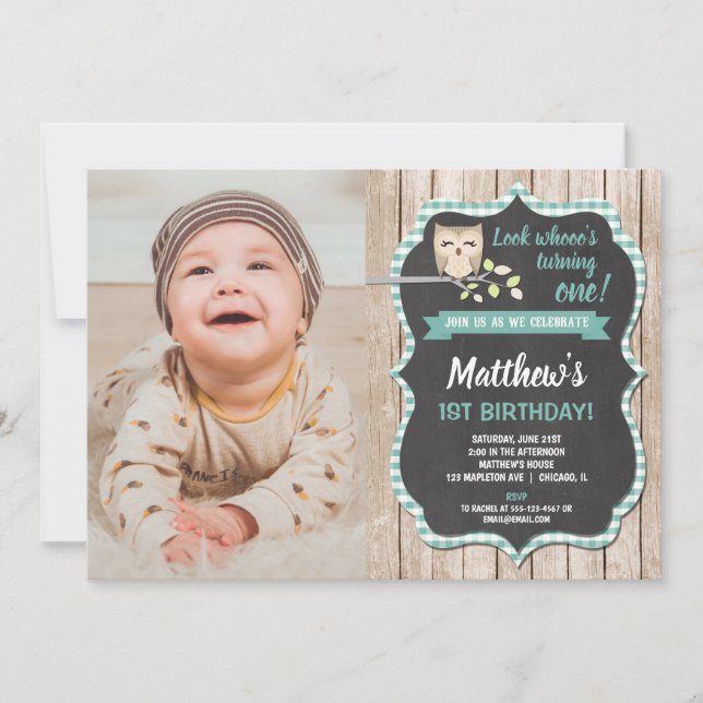 1st birthday boy invitation, woodland owl birthday invitation (Front)