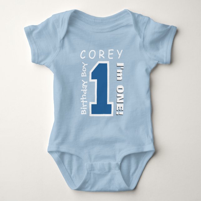 1st Birthday Boy One Year Blue Number V01L Baby Bodysuit (Front)