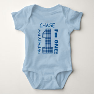 1st Birthday Boy One Year Blue Plaid Number V01N Baby Bodysuit