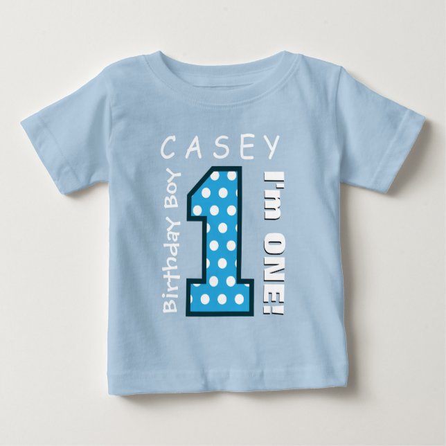 1st Birthday Boy One Year Blue Polka Dots V01G Baby T-Shirt (Front)