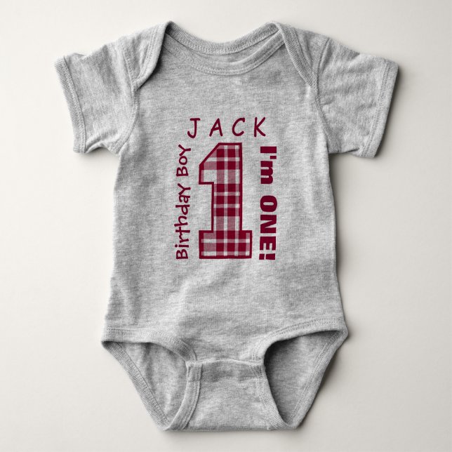 1st Birthday Boy One Year Red Plaid Number V01Q Baby Bodysuit (Front)