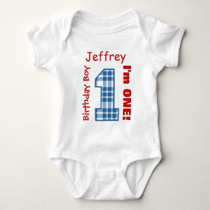 1st Birthday Boy PLAID 1 Year Custom Name V12A Baby Bodysuit