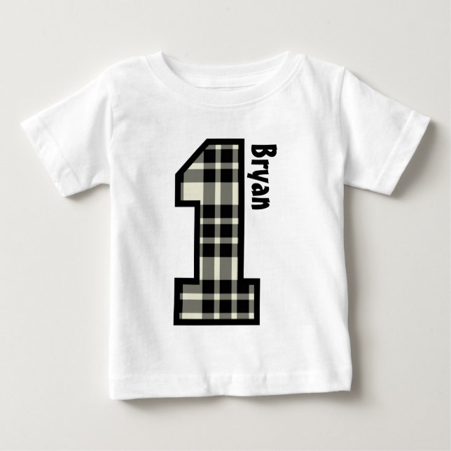 1st Birthday Boy PLAID One Year Custom Name V007B Baby T-Shirt (Front)