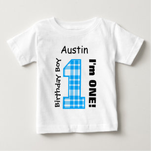 1st Birthday Boy PLAID One Year Custom Name V14A Baby T-Shirt