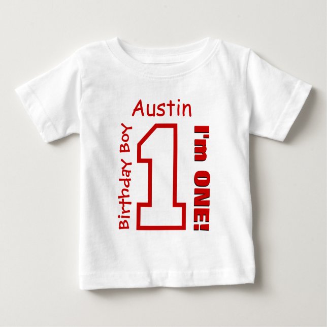 1st Birthday Boy RED One Year Custom Name A01 Baby T-Shirt (Front)