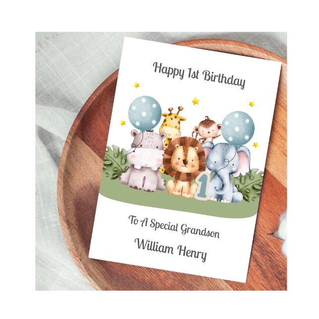 1st Birthday Boy Safari Leaf Animals Card (Creator Uploaded)