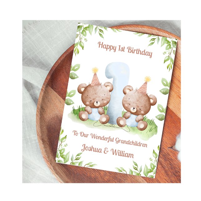 1st Birthday Boy Twins Teddy Bear Birthday Card (Creator Uploaded)