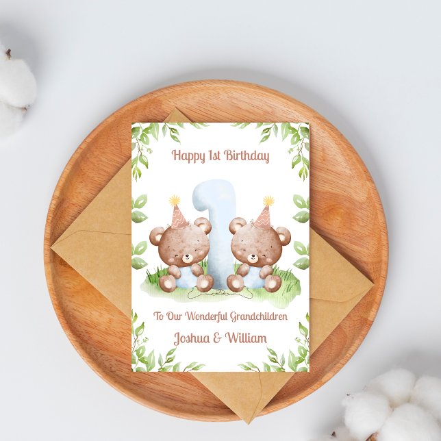 1st Birthday Boy Twins Teddy Bear Birthday Card (Creator Uploaded)