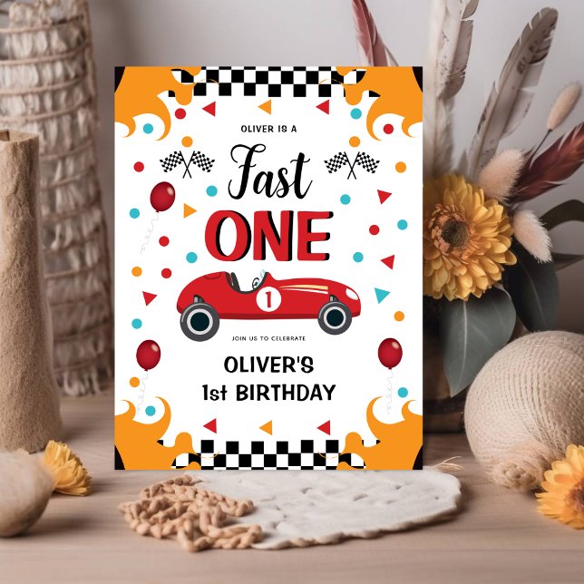 1st Birthday Boy's Fast One Racing Car  Invitation Postcard (Creator Uploaded)