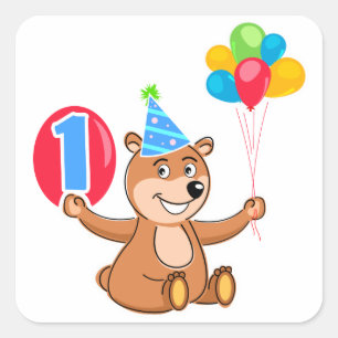 1st Birthday Brown Bear Balloons Square Sticker