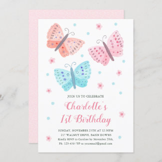 1st Birthday Butterfly Flowers Watercolor Pink Invitation