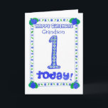 1st Birthday Card for a Boy Grandson<br><div class="desc">A birthday card for a One-year-old Grandson with a fresh blue,  green and white design made from a handpainted paper collage by Judy Adamson.</div>