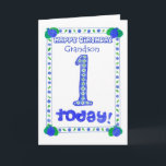 1st Birthday Card for a Boy Grandson<br><div class="desc">A birthday card for a One-year-old Grandson with a fresh blue,  green and white design made from a handpainted paper collage by Judy Adamson.</div>