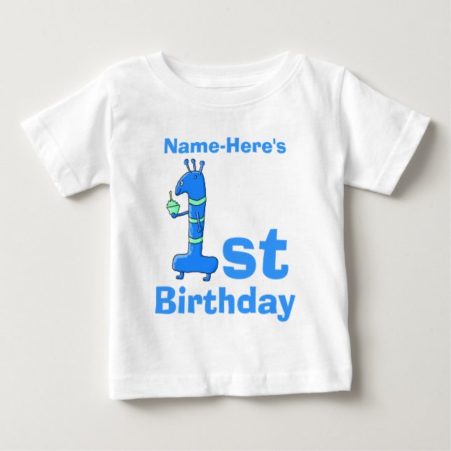 1st birthday cartoon, in blue. Custom Name. Baby T-Shirt (Front)