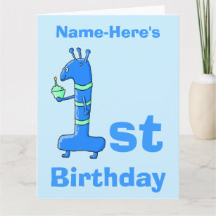 1st birthday cartoon, in blue. Custom Name. Card