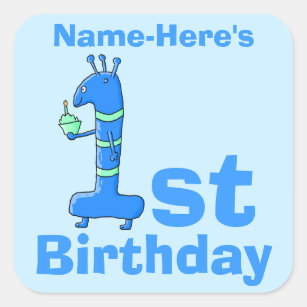 1st birthday cartoon, in blue. Custom Name. Square Sticker