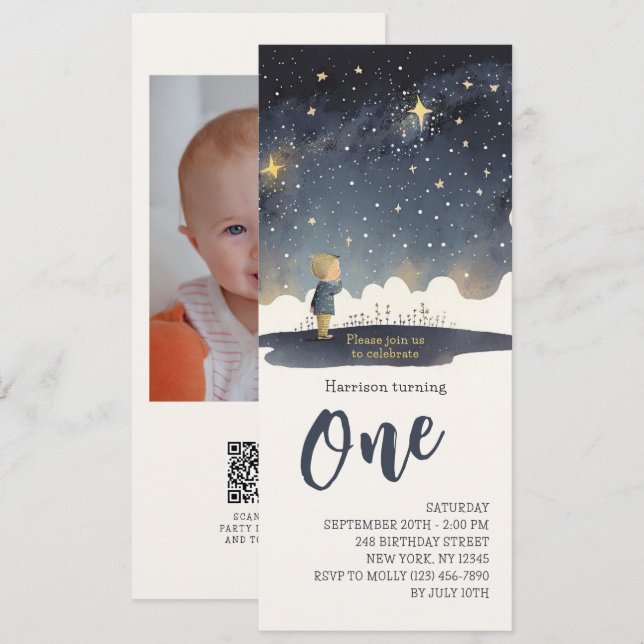 1st Birthday Celestial Stars Watercolor Boy Modern Invitation (Front/Back)