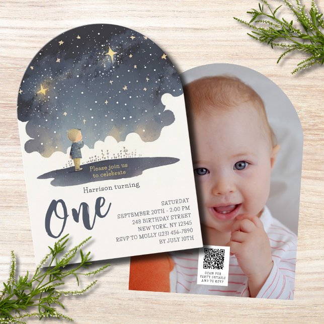 1st Birthday Celestial Stars Watercolor Boy Modern Invitation (Creator Uploaded)