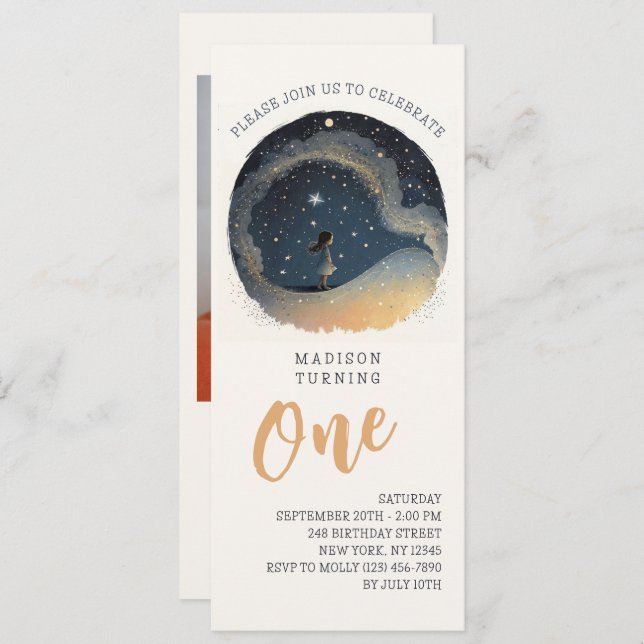 1st Birthday Celestial Stars Watercolor Boy Modern Invitation (Front/Back)