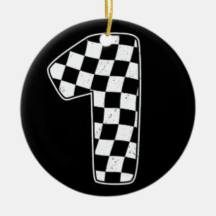 1st Birthday Checkered Number 1 Car Racing Flag Ceramic Tree Decoration