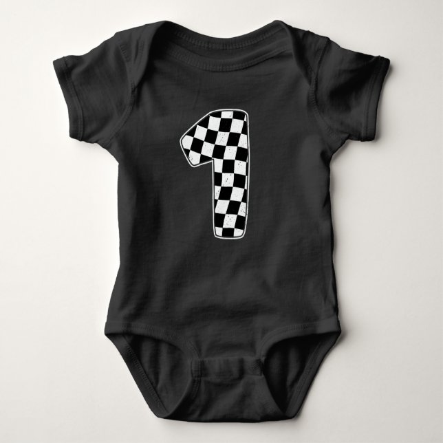 1st Birthday Chequered Number 1 Car Racing Flag Baby Bodysuit (Front)
