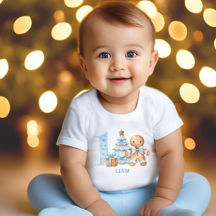 1st Birthday Christmas Blue Gingerbread Man Name Baby T-Shirt
