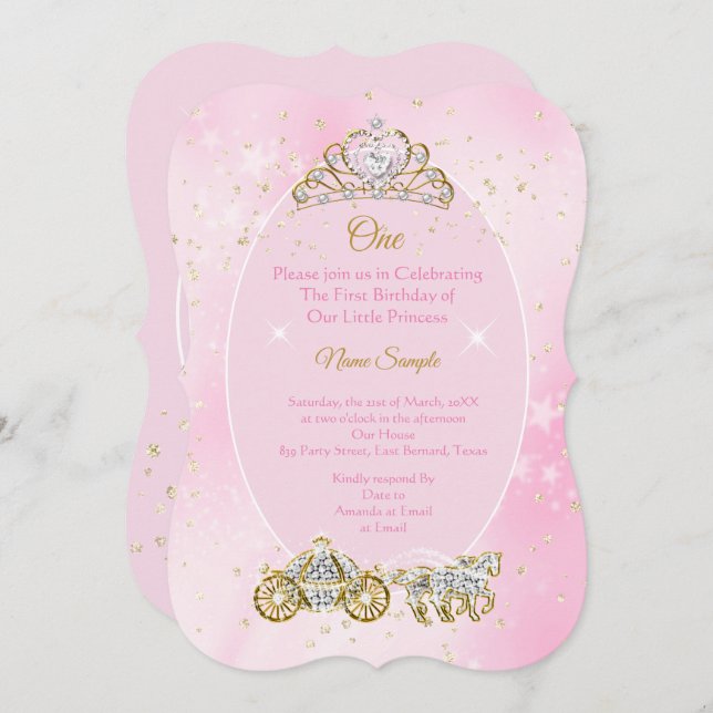 1st birthday Cinderella Pink Carriage Photo Invitation (Front/Back)