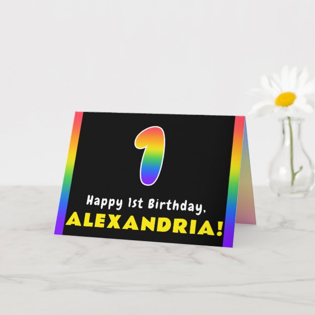 1st Birthday: Colorful Rainbow # 1, Custom Name Card (Small Plant)
