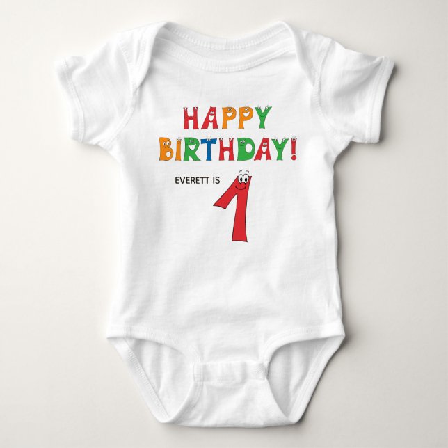 1st Birthday Colourful Alphabet with First Name Baby Bodysuit (Front)