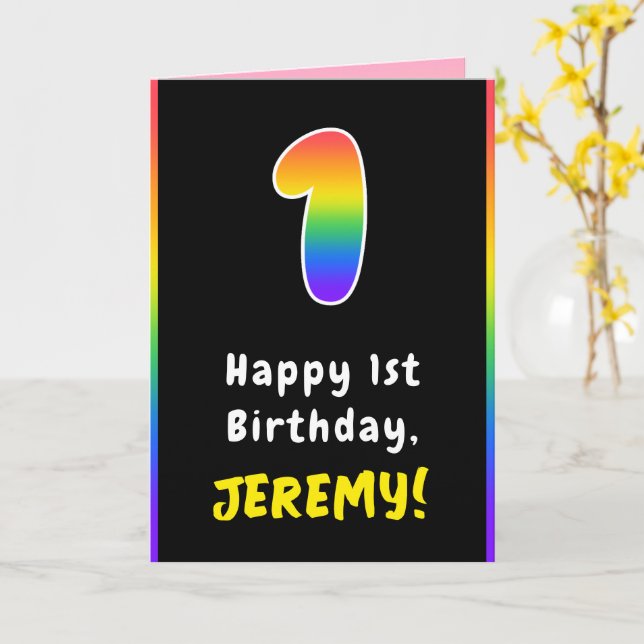 1st Birthday: Colourful Rainbow # 1, Custom Name Card (Yellow Flower)
