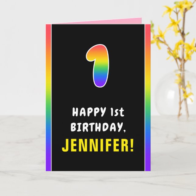 1st Birthday: Colourful Rainbow # 1, Custom Name Card (Yellow Flower)
