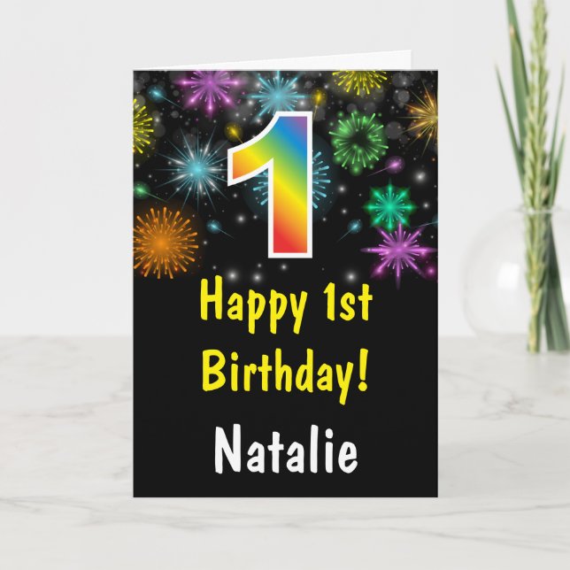 1st Birthday Colourful Rainbow Fireworks Card (Front)