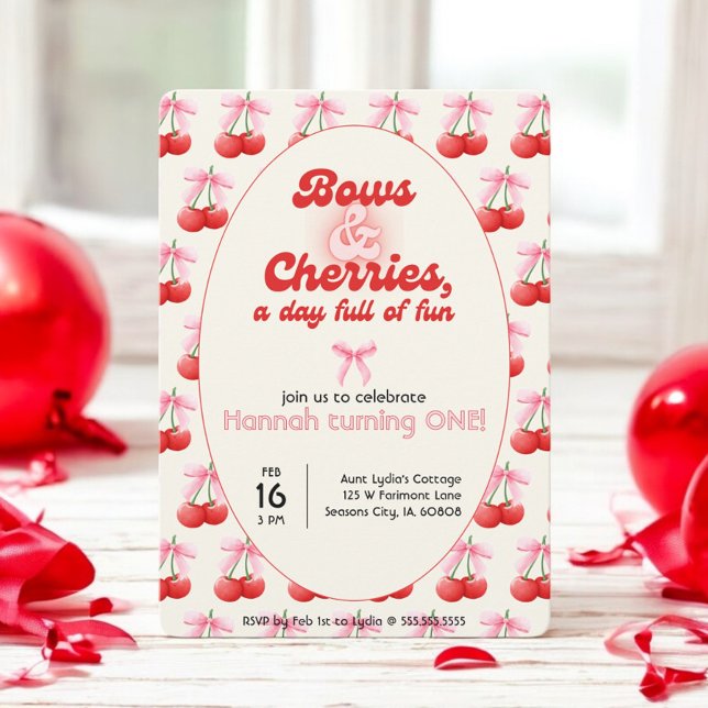 1st Birthday Coquette Cherries Bows Bubble Letters Invitation (Creator Uploaded)
