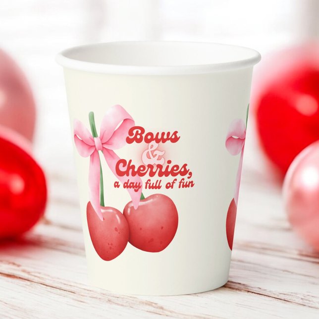 1st Birthday Coquette Cherries Bows Bubble Letters Paper Cups (Creator Uploaded)