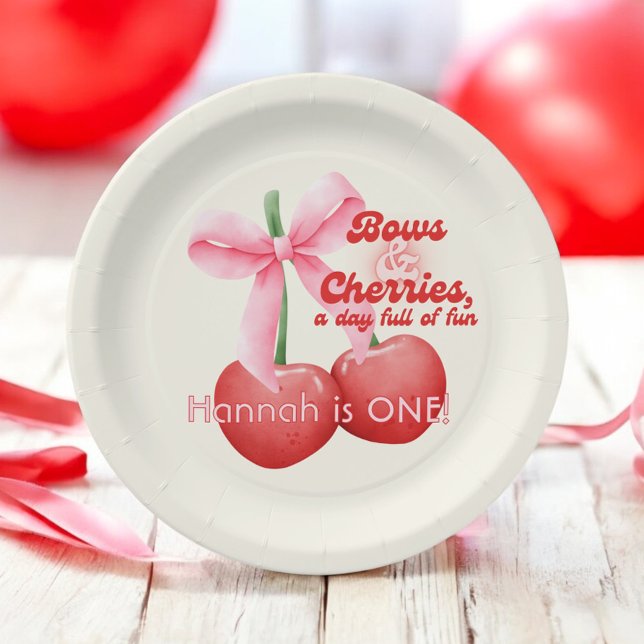 1st Birthday Coquette Cherries Bows Bubble Letters Paper Plate (Creator Uploaded)