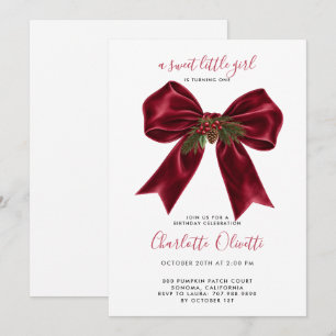 1st Birthday Coquette Red Velvet Bow Invitation
