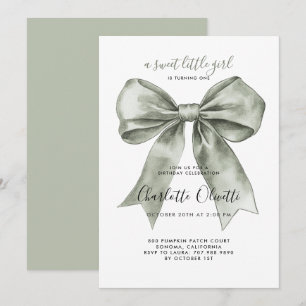 1st Birthday Coquette Watercolor Sage Green Bow Invitation