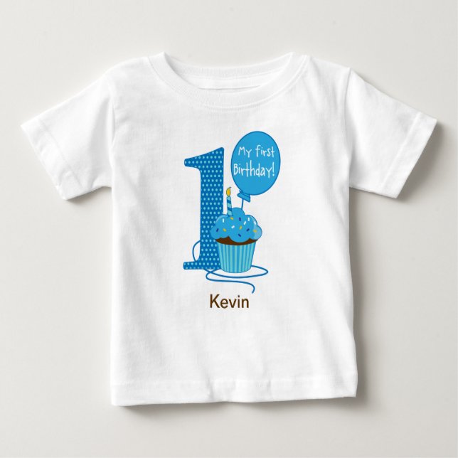 1st Birthday Cupcake Blue Baby T-Shirt (Front)
