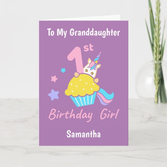 1st Birthday Cupcake Unicorn Granddaughter Card (Front)