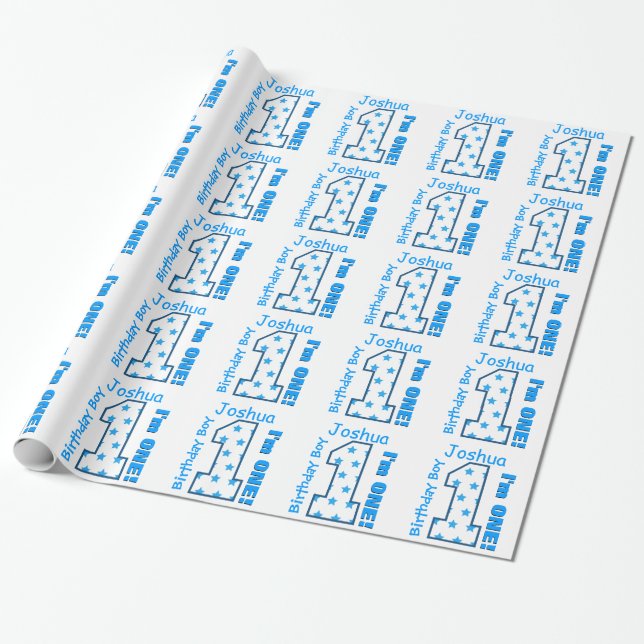 1st Birthday Custom Name Blue Stars Number BOY V1 Wrapping Paper (Unrolled)