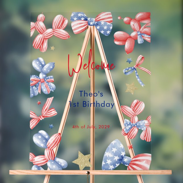1st Birthday Cute Balloon 4th July Party Welcome Acrylic Sign (Neutral)