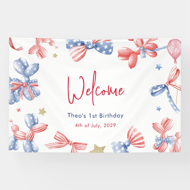 1st Birthday Cute Balloon 4th July Party Welcome Banner (Horizontal)