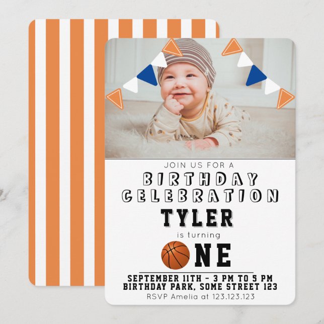 1st Birthday Cute Basketball Balls Kids Photo  Invitation (Front/Back)