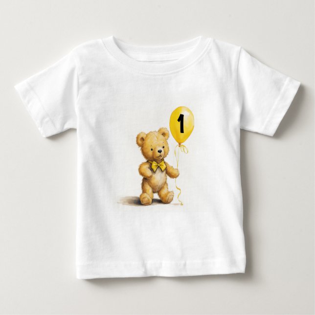 1st Birthday, Cute Bear w Balloon, Personalised Baby T-Shirt (Front)