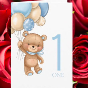 1st birthday cute blue balloons boy teddy card