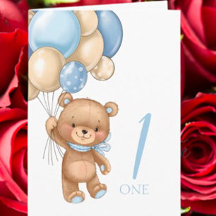 1st birthday cute blue balloons boy teddy card