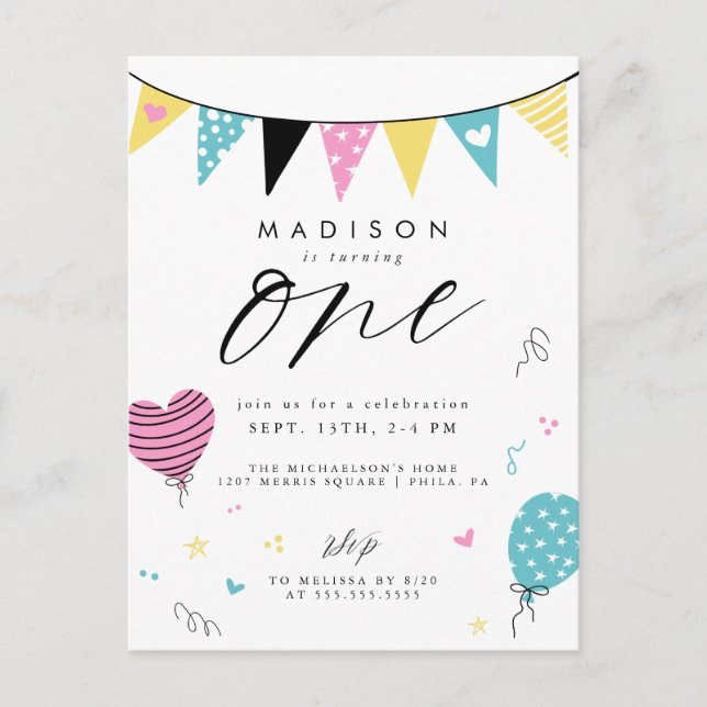 1ST BIRTHDAY | Cute Doodle Birthday Party Postcard (Front)