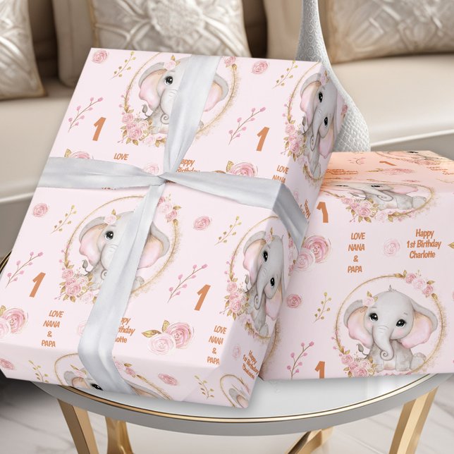 1st Birthday Cute Elephant Floral Pink Girl Name Wrapping Paper (1st Birthday Cute Elephant Floral Pink Girl Name Wrapping Paper)