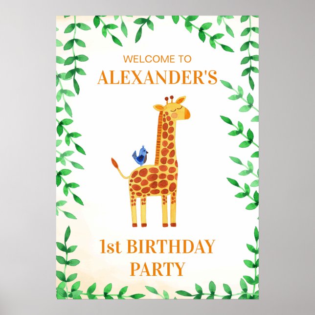 1st Birthday Cute Giraffe & Bird Whimsical Party Poster (Front)
