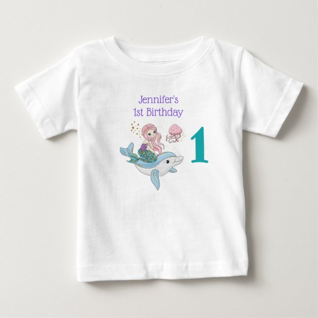 1st Birthday Cute Mermaid Riding a Dolphin Baby T-Shirt (Front)